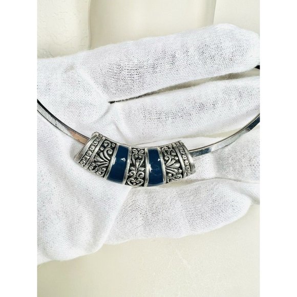 Tibetan Silver Filligree Sliding Pendant Charm Blue EnameL Necklace Choker VNTG - Picture 8 of 8